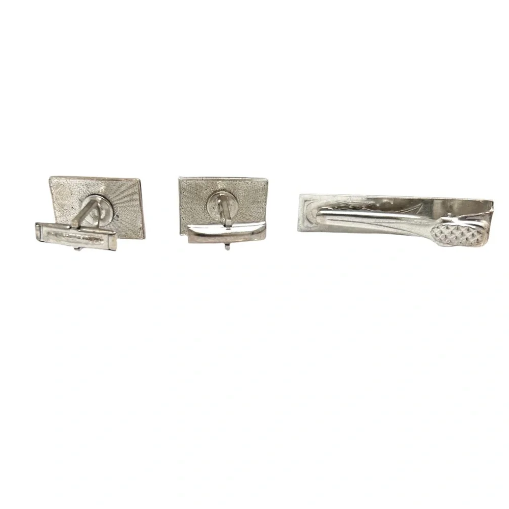 VINTAGE CUFFLINKS & MATCHING TIE CLIP SET - SILVER TONE WITH BLACKENED SWIRL